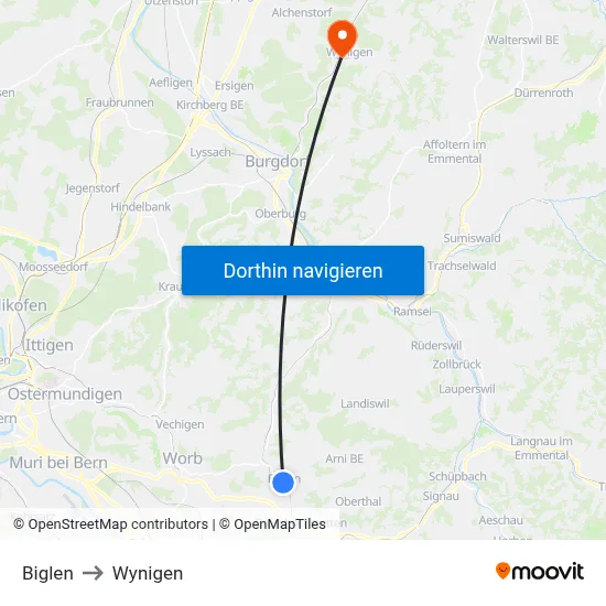 Biglen to Wynigen map