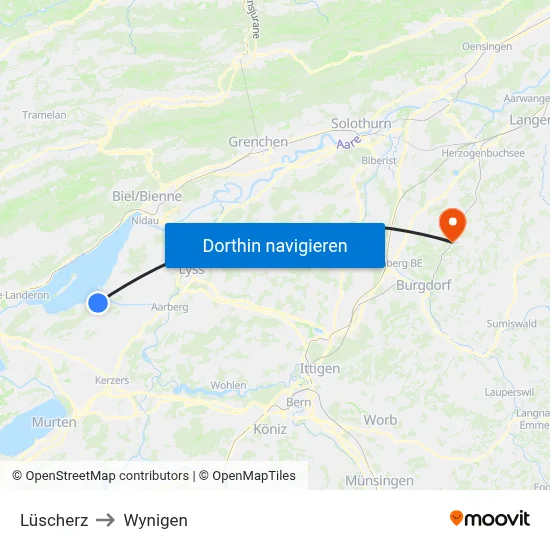 Lüscherz to Wynigen map