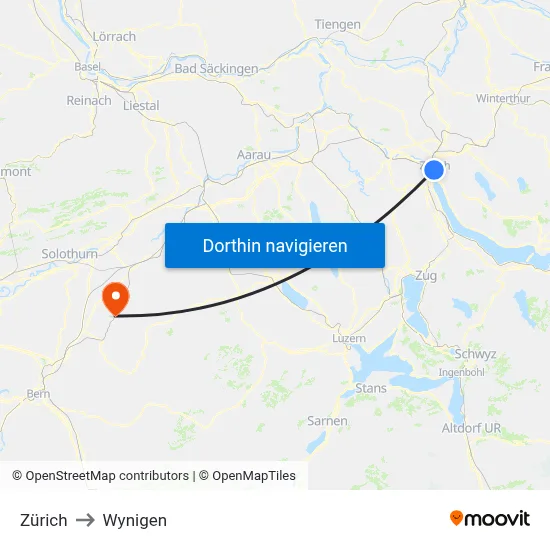 Zürich to Wynigen map