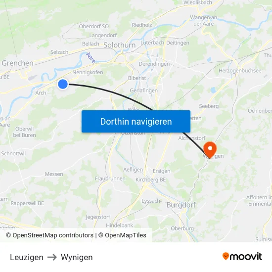 Leuzigen to Wynigen map