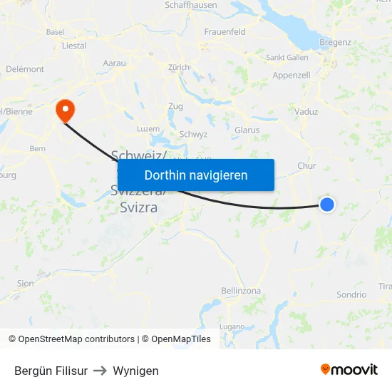 Bergün Filisur to Wynigen map