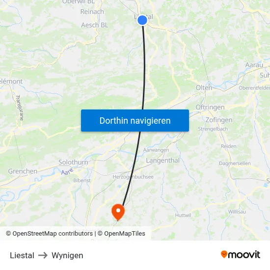 Liestal to Wynigen map