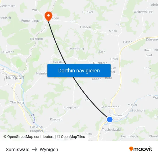 Sumiswald to Wynigen map