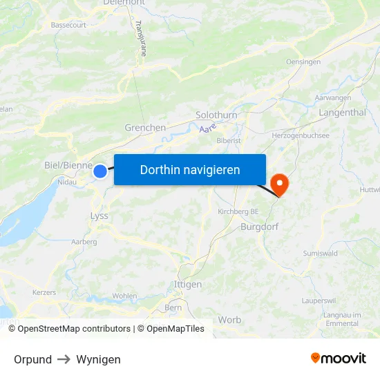 Orpund to Wynigen map