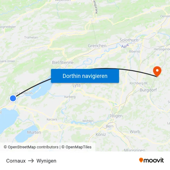 Cornaux to Wynigen map