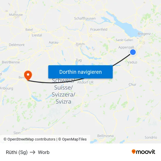 Rüthi (Sg) to Worb map
