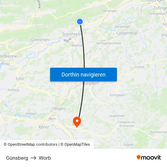 Günsberg to Worb map