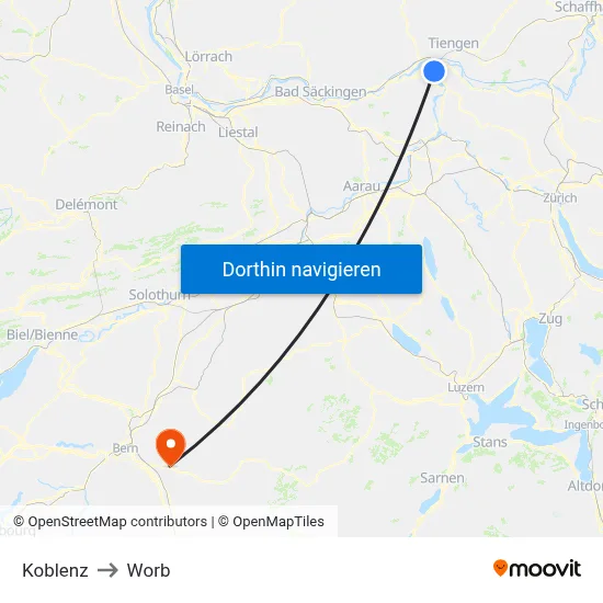 Koblenz to Worb map