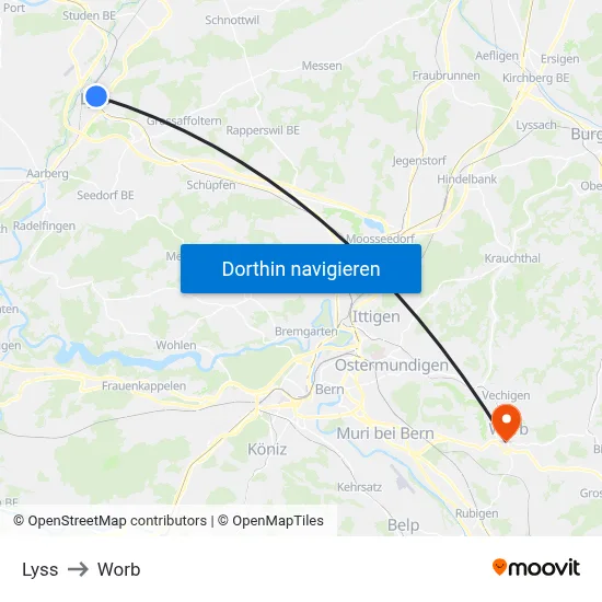 Lyss to Worb map