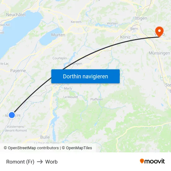 Romont (Fr) to Worb map