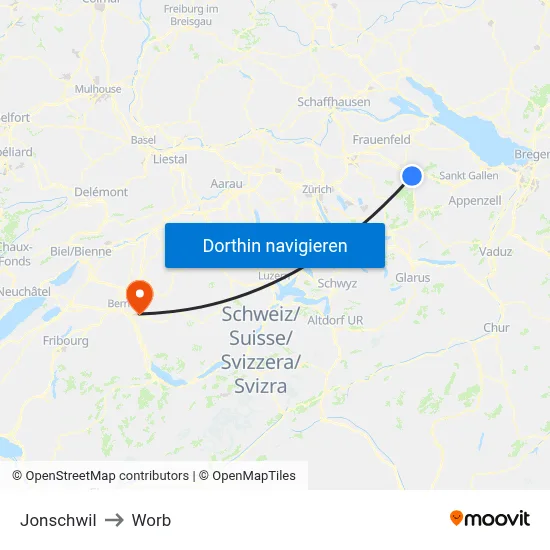 Jonschwil to Worb map