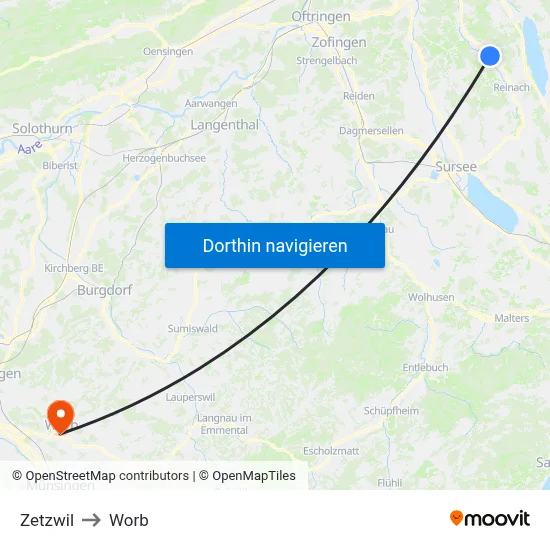 Zetzwil to Worb map