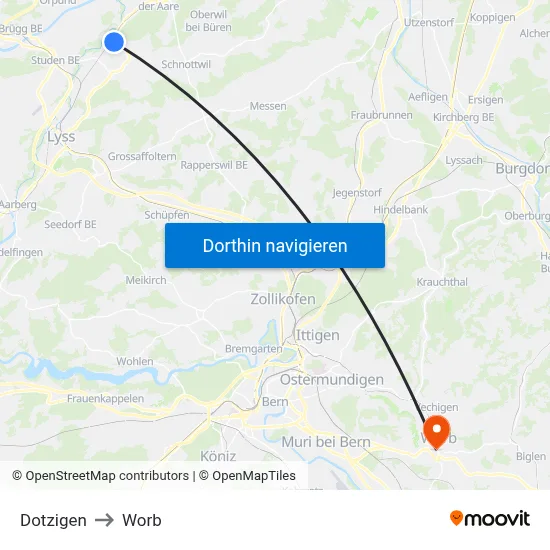 Dotzigen to Worb map