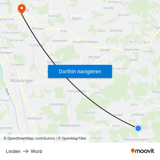Linden to Worb map