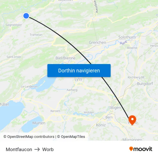 Montfaucon to Worb map