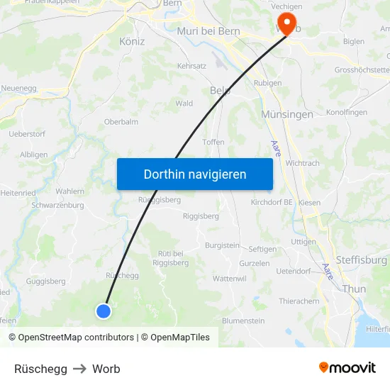 Rüschegg to Worb map