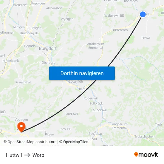 Huttwil to Worb map