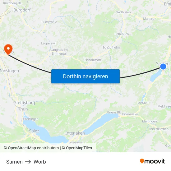 Sarnen to Worb map