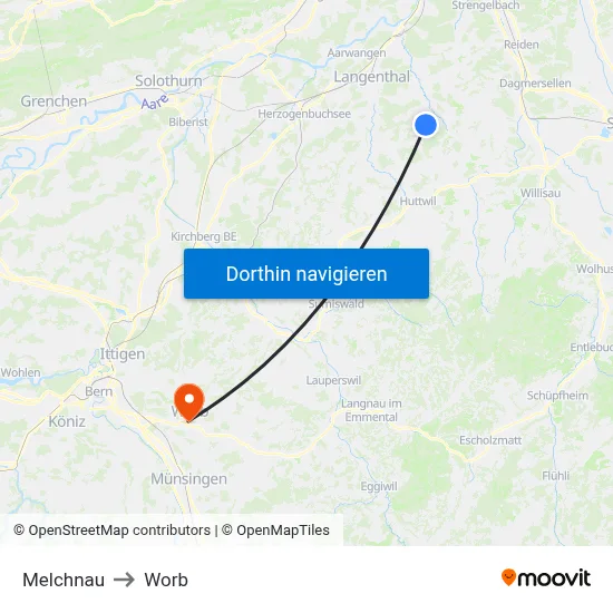 Melchnau to Worb map
