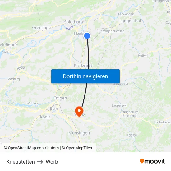 Kriegstetten to Worb map