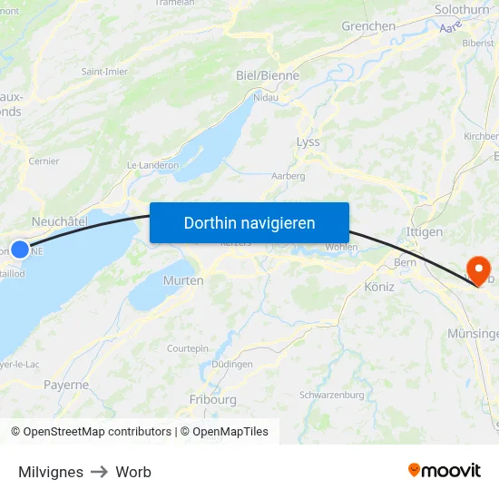 Milvignes to Worb map