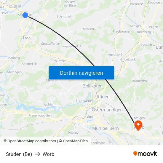Studen (Be) to Worb map