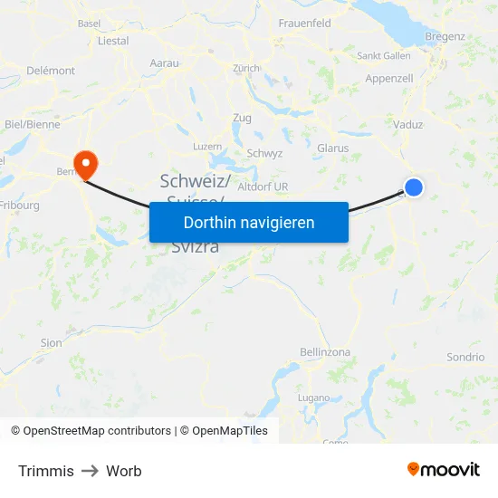 Trimmis to Worb map