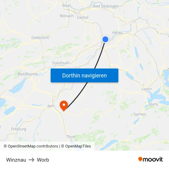 Winznau to Worb map
