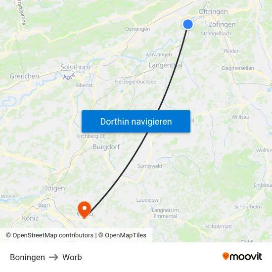 Boningen to Worb map