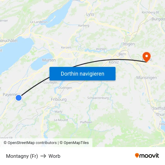 Montagny (Fr) to Worb map