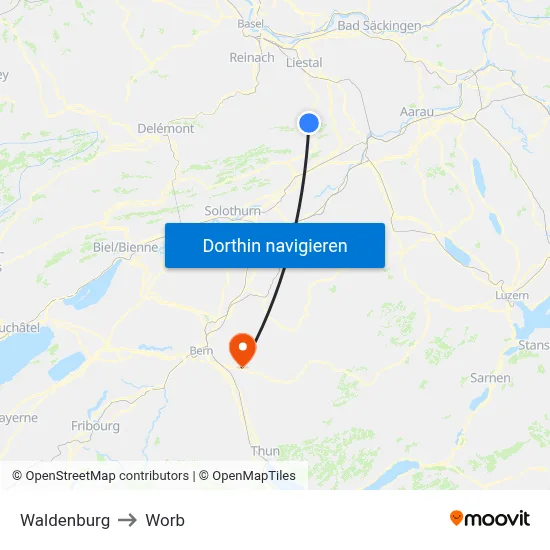 Waldenburg to Worb map
