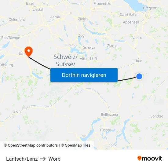 Lantsch/Lenz to Worb map