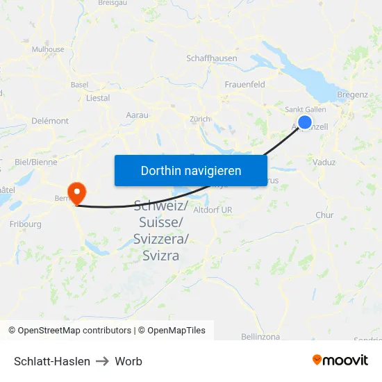 Schlatt-Haslen to Worb map
