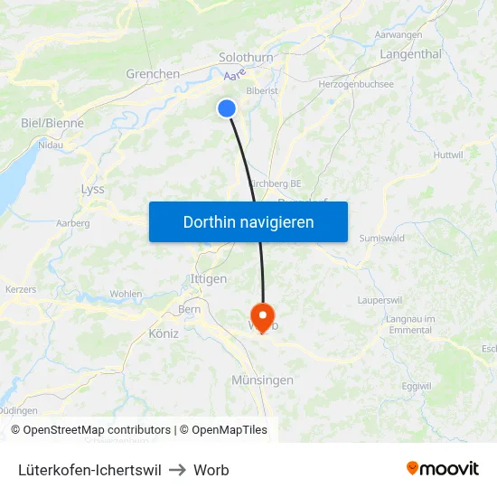 Lüterkofen-Ichertswil to Worb map