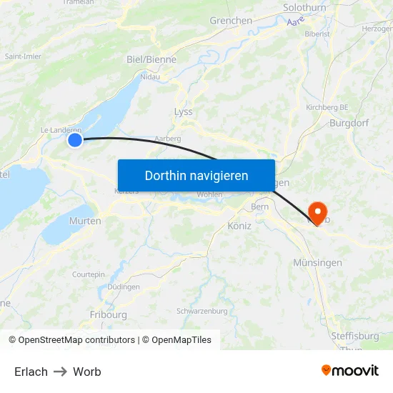 Erlach to Worb map