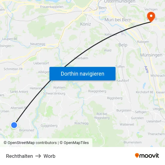 Rechthalten to Worb map