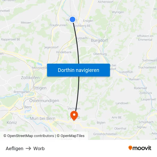 Aefligen to Worb map