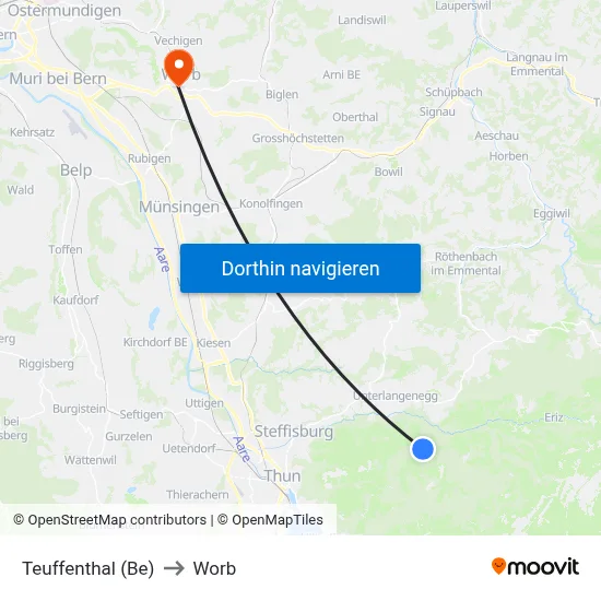 Teuffenthal (Be) to Worb map
