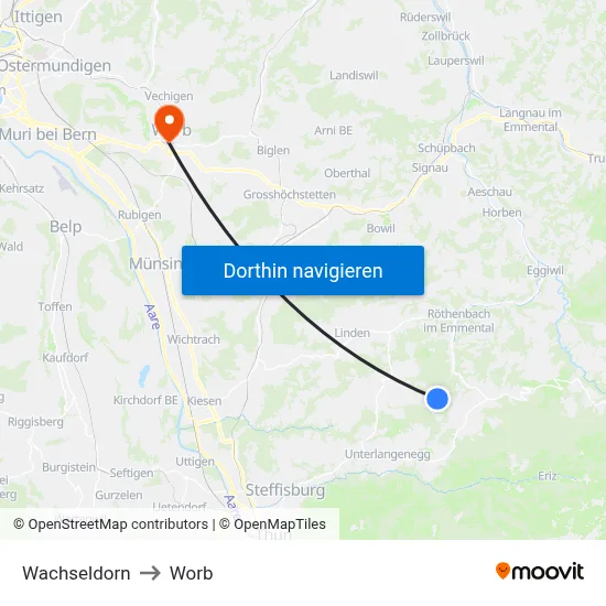 Wachseldorn to Worb map