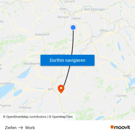 Ziefen to Worb map