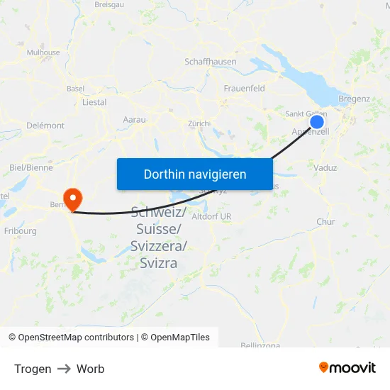 Trogen to Worb map