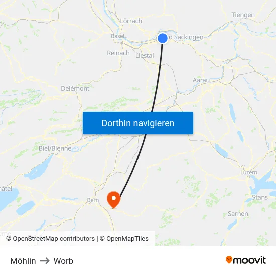 Möhlin to Worb map