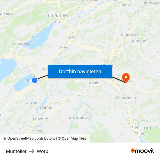 Muntelier to Worb map