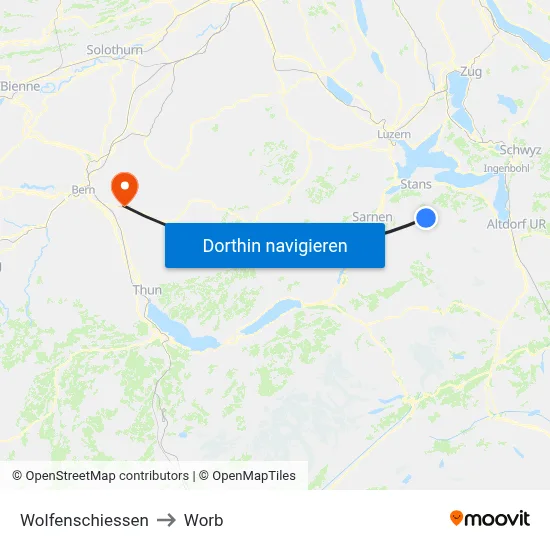 Wolfenschiessen to Worb map