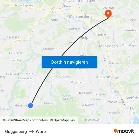 Guggisberg to Worb map