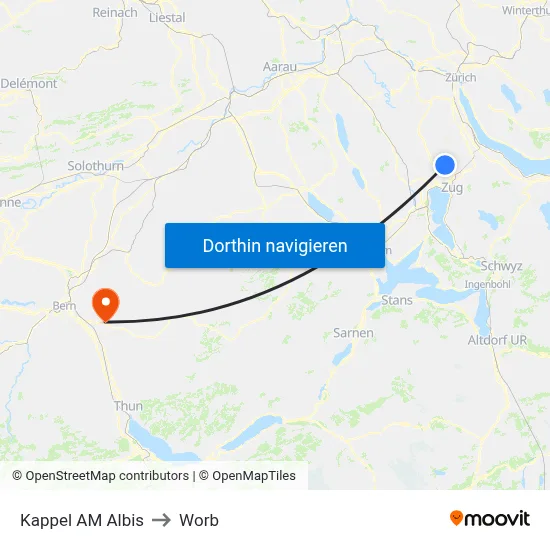 Kappel AM Albis to Worb map