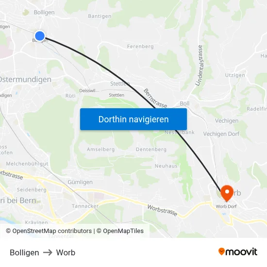 Bolligen to Worb map