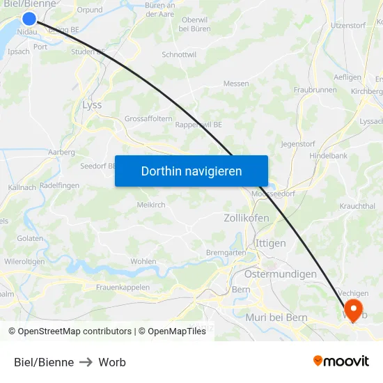 Biel/Bienne to Worb map