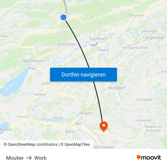 Moutier to Worb map
