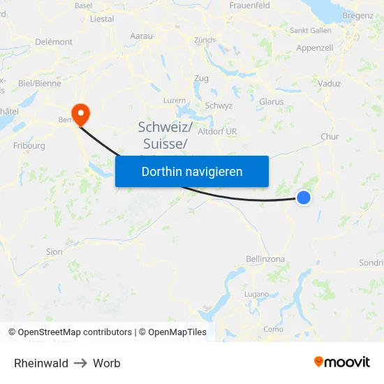 Rheinwald to Worb map
